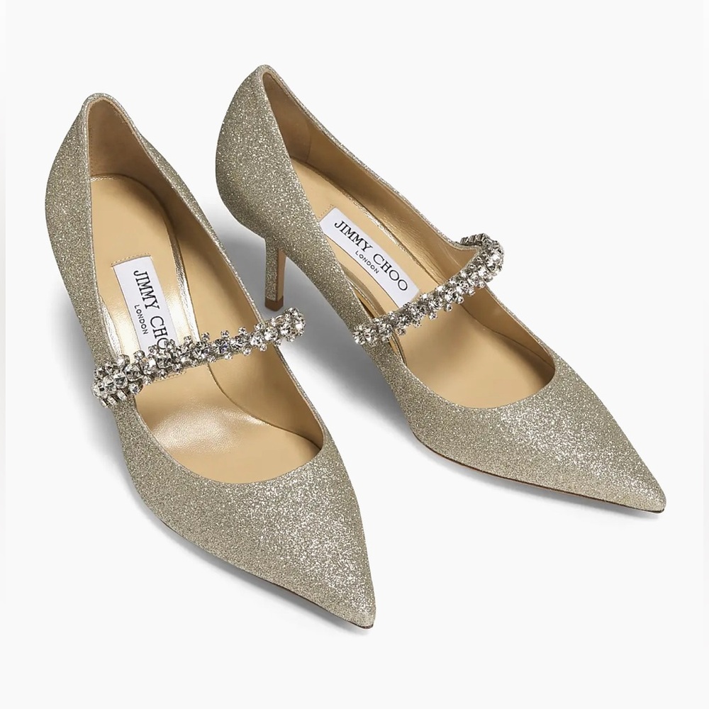 Jimmy Choo Bing 65MM Embellished Glitter Pumps in Platinum Ice Size 38.5